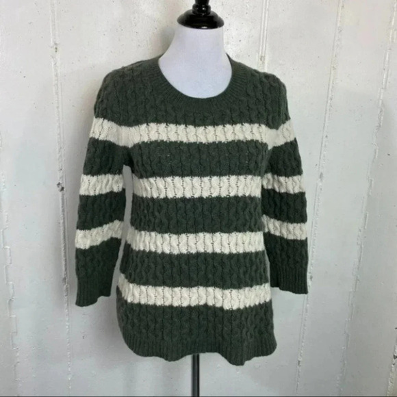 J. Crew M merino wool green/white‎ striped sweater - Picture 1 of 5